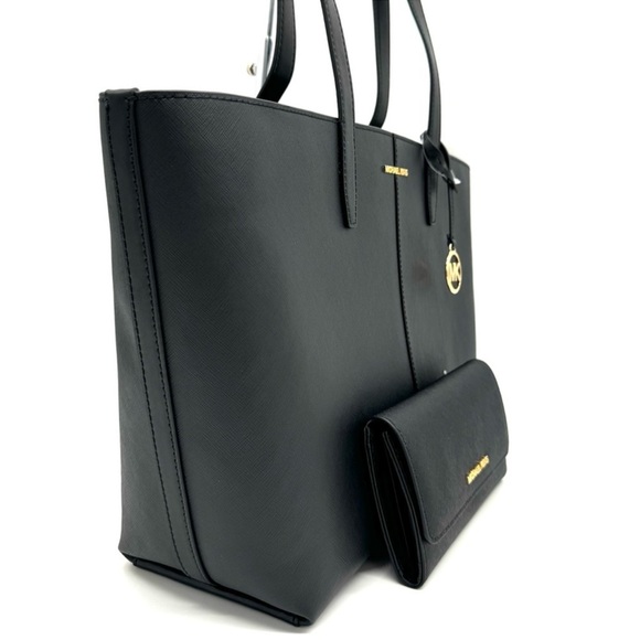 Michael Kors Medium Jet Set Travel Zip Tote Bag & Trifold Wallet Black/Gold - Picture 4 of 13